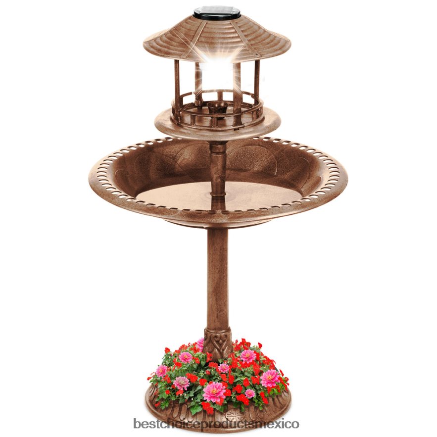 césped y jardín | Baño para pájaros con pedestal para exteriores con luz solar y macetero, jaula decorativa para pájaros Best Choice Products bronce X080FZ981