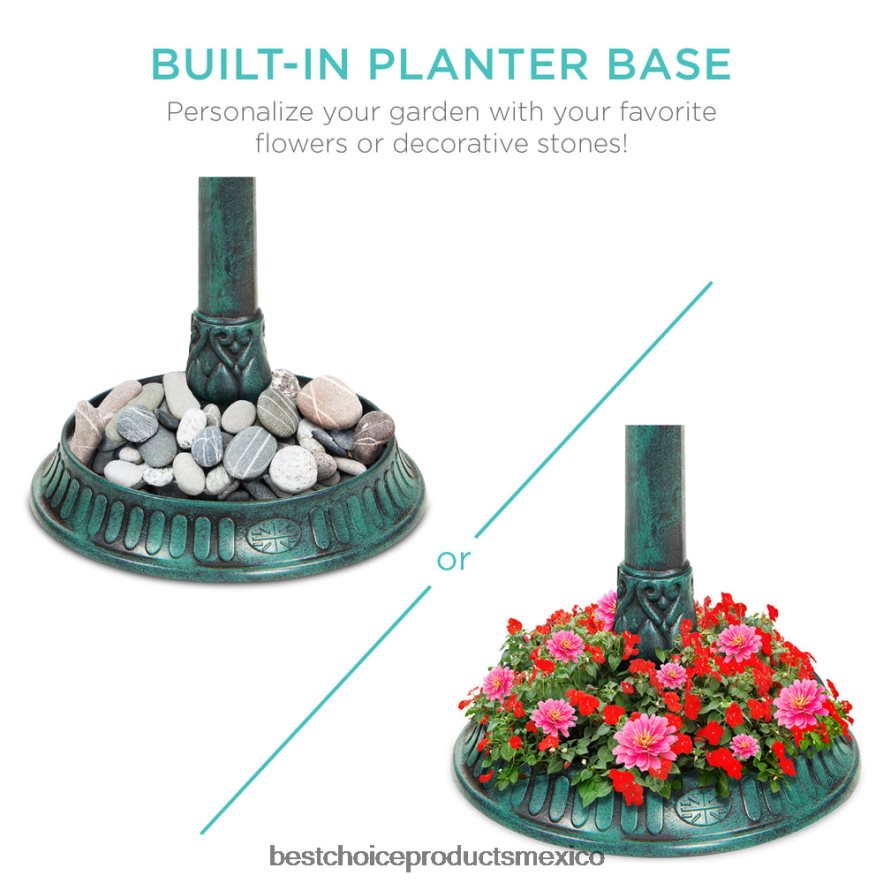 césped y jardín | Baño para pájaros con pedestal para exteriores con luz solar y macetero, jaula decorativa para pájaros Best Choice Products verde X080FZ982