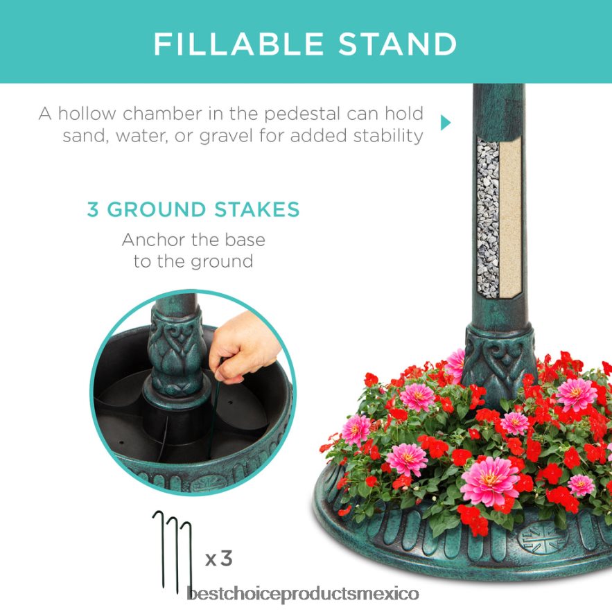 césped y jardín | Baño para pájaros con pedestal para exteriores con luz solar y macetero, jaula decorativa para pájaros Best Choice Products verde X080FZ982