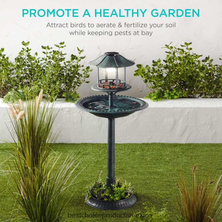 césped y jardín | Baño para pájaros con pedestal para exteriores con luz solar y macetero, jaula decorativa para pájaros Best Choice Products verde X080FZ982