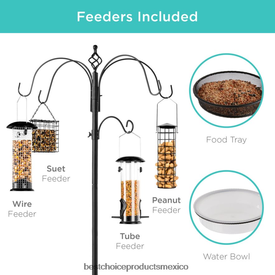 césped y jardín | estación de alimentación para pájaros, soporte de comedero múltiple de acero de 6 ganchos con 4 comederos Best Choice Products negro X080FZ443