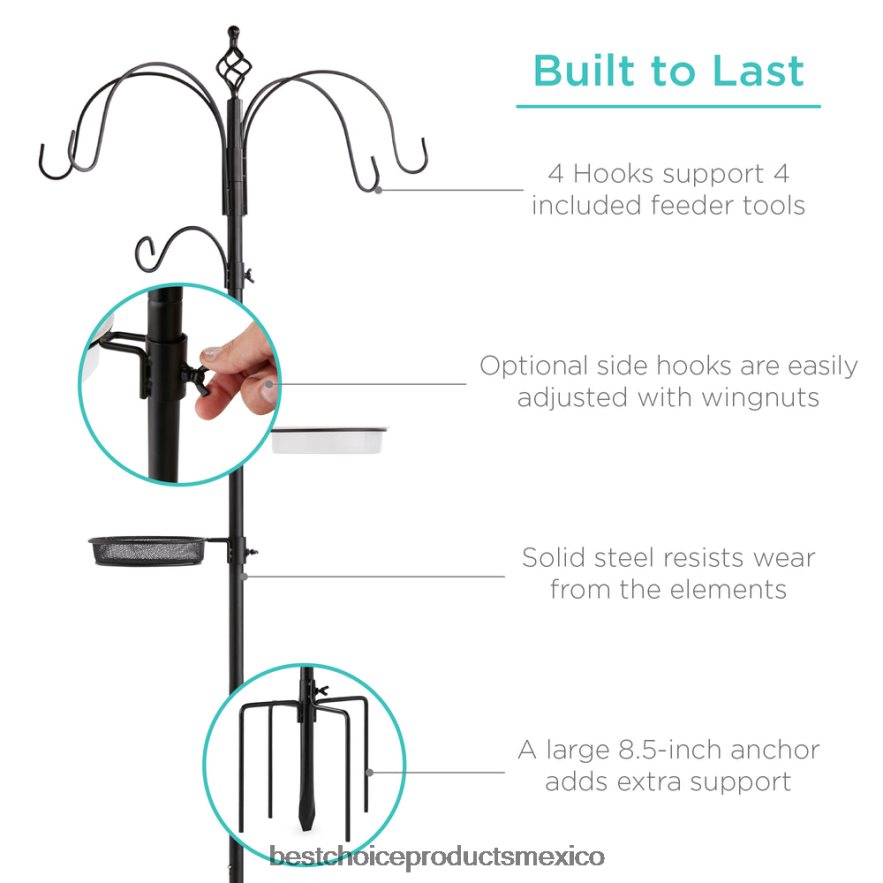 césped y jardín | estación de alimentación para pájaros, soporte de comedero múltiple de acero de 6 ganchos con 4 comederos Best Choice Products negro X080FZ443