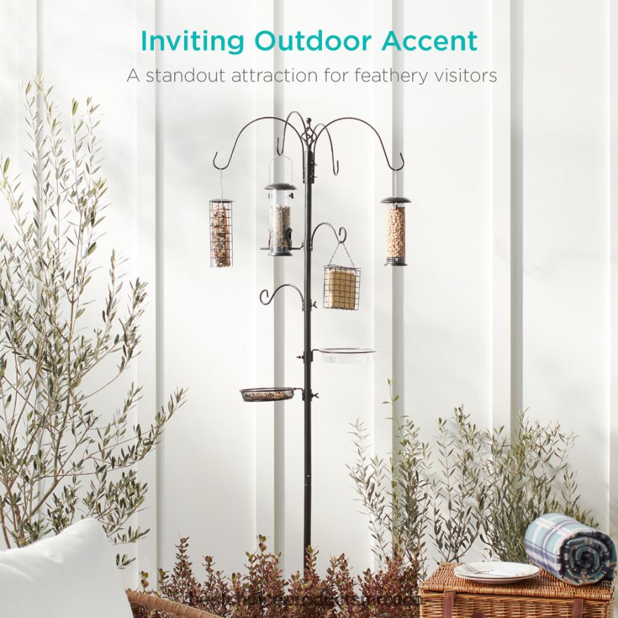 césped y jardín | estación de alimentación para pájaros, soporte de comedero múltiple de acero de 6 ganchos con 4 comederos Best Choice Products negro X080FZ443