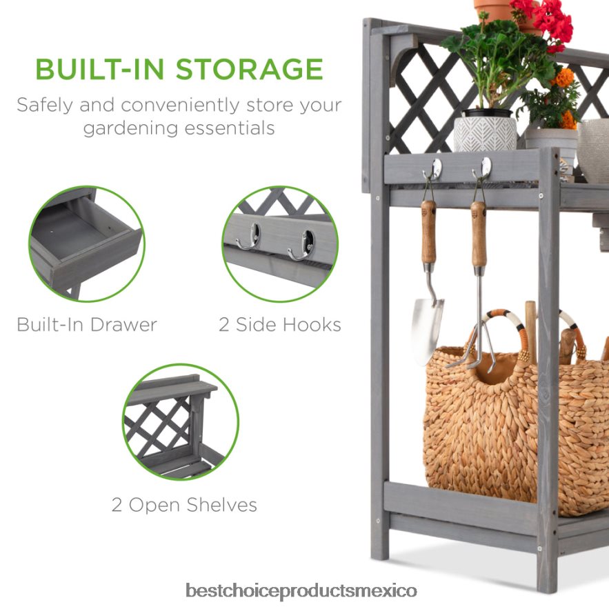 césped y jardín | Banco para macetas de jardín de madera, estación de trabajo con cajón, estante abierto Best Choice Products gris X080FZ952