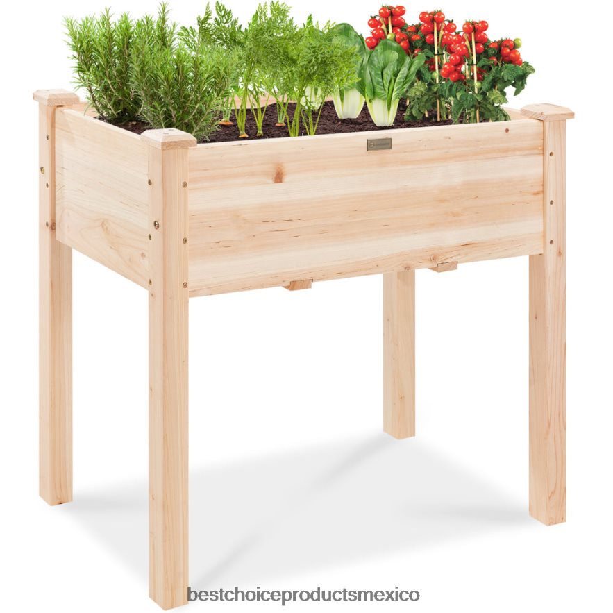césped y jardín | Cama de jardín elevada, soporte elevado para macetero de madera con revestimiento de cama Best Choice Products natural X080FZ965