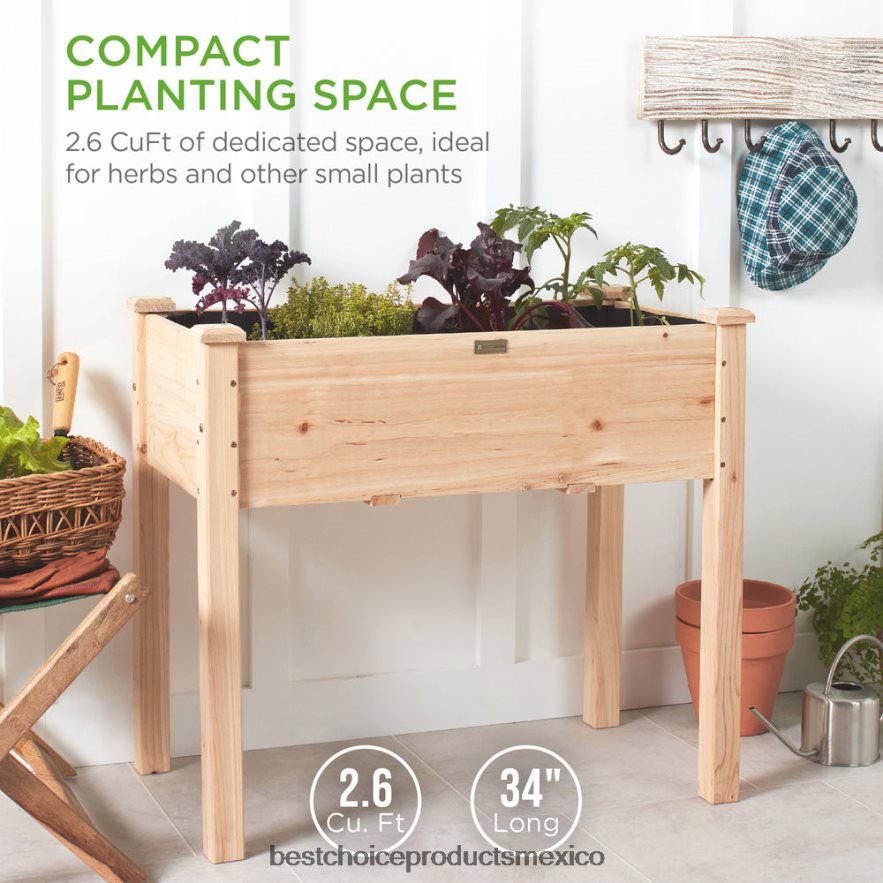 césped y jardín | Cama de jardín elevada, soporte elevado para macetero de madera con revestimiento de cama Best Choice Products natural X080FZ965