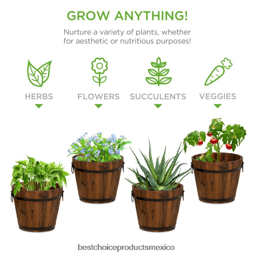 césped y jardín | Juego de 3 maceteros de jardín de barril de madera rústica con orificios de drenaje Best Choice Products marrón X080FZ954