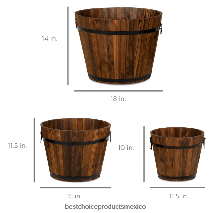 césped y jardín | Juego de 3 maceteros de jardín de barril de madera rústica con orificios de drenaje Best Choice Products marrón X080FZ954
