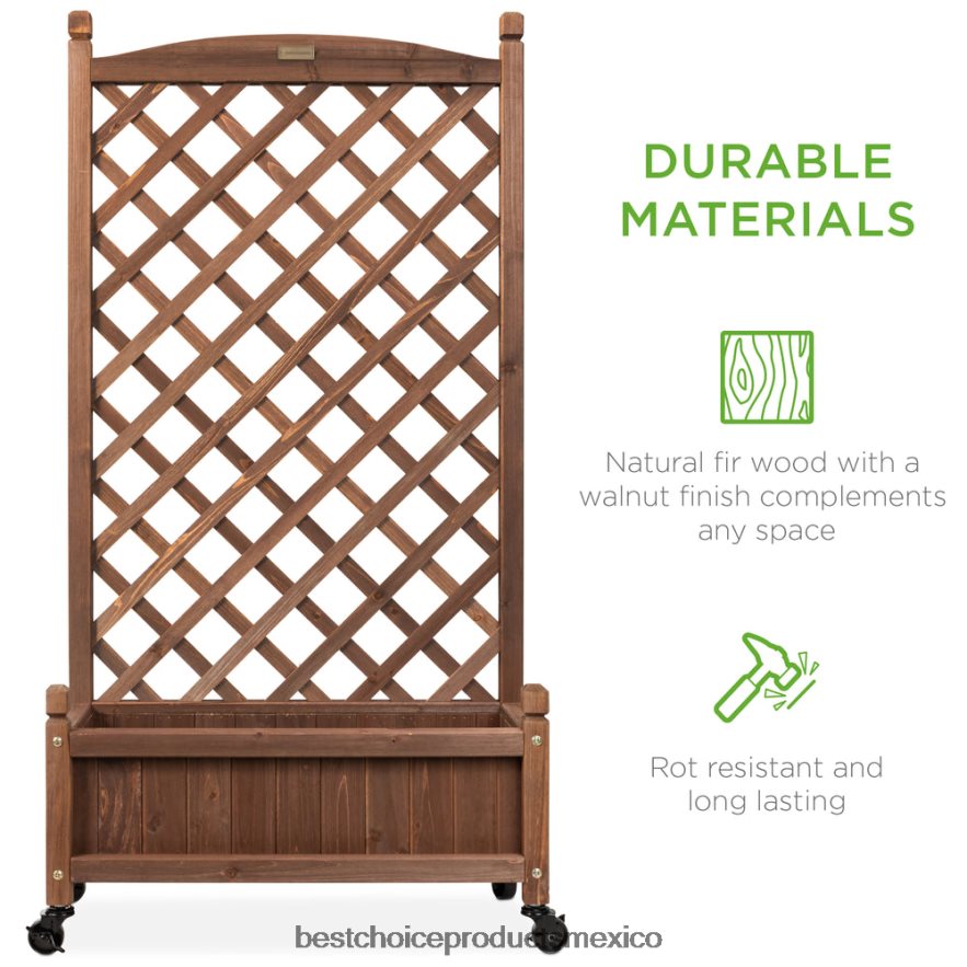 césped y jardín | Macetero de madera y enrejado con drenaje, ruedas opcionales Best Choice Products marrón X080FZ992