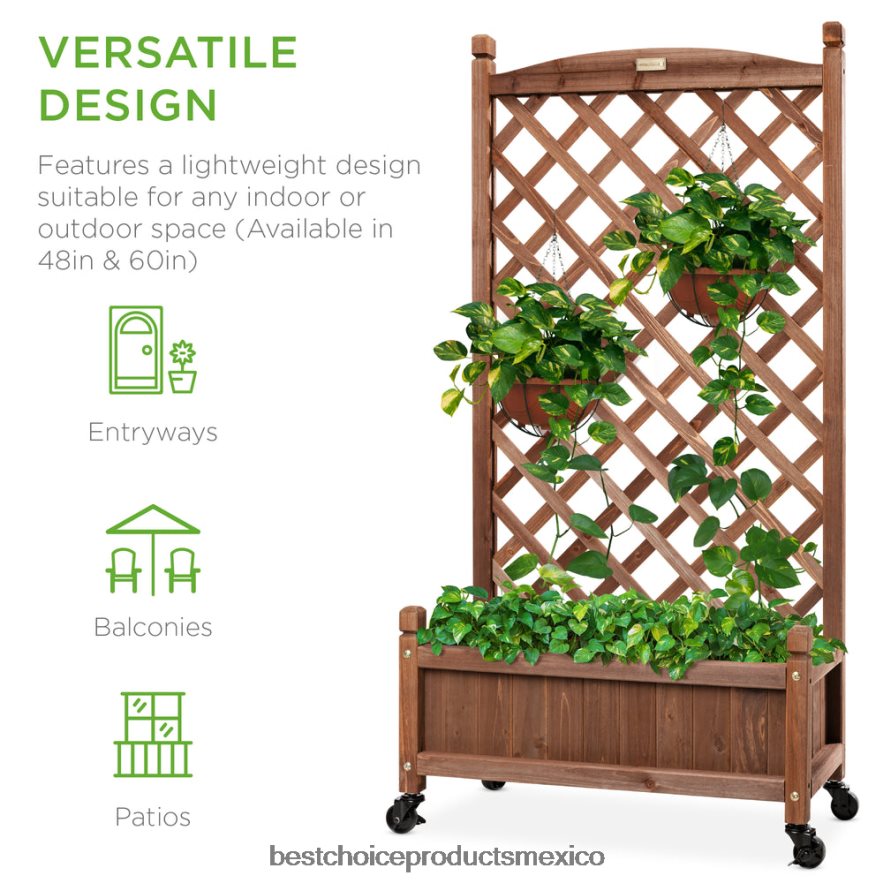 césped y jardín | Macetero de madera y enrejado con drenaje, ruedas opcionales Best Choice Products marrón X080FZ992