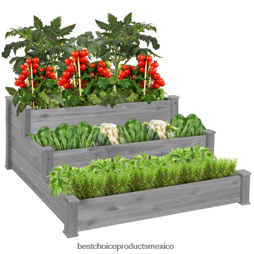 césped y jardín | Macetero elevado de 3 niveles de madera de abeto para jardín con configuración apilable y plana Best Choice Products gris X080FZ978
