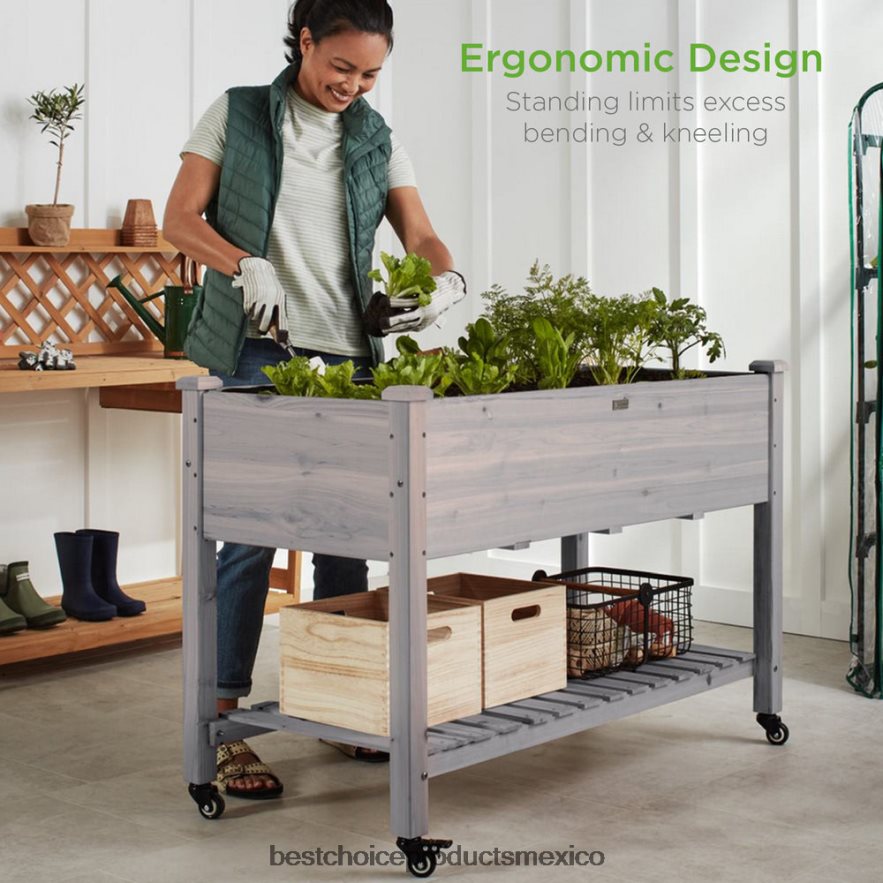 césped y jardín | Macetero elevado móvil para jardín con ruedas y estante Best Choice Products gris X080FZ471