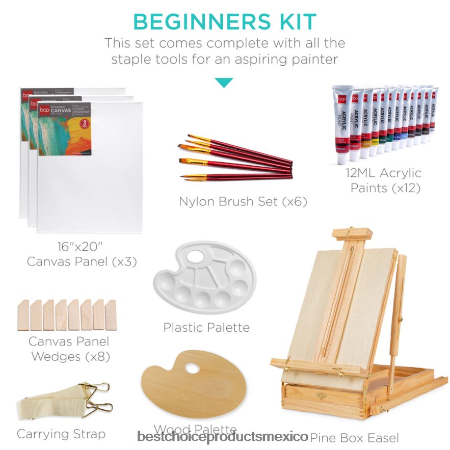 accesorio Caballete francés de madera portátil con kit para principiantes de 32 piezas Best Choice Products natural X080FZ1033