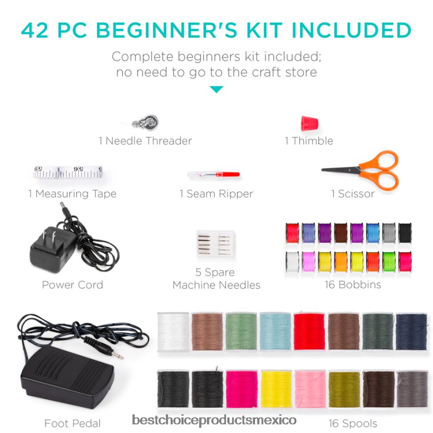 accesorio Máquina de coser portátil con pedal de 6v y 12 patrones de puntada. Best Choice Products rosa/blanco X080FZ1092