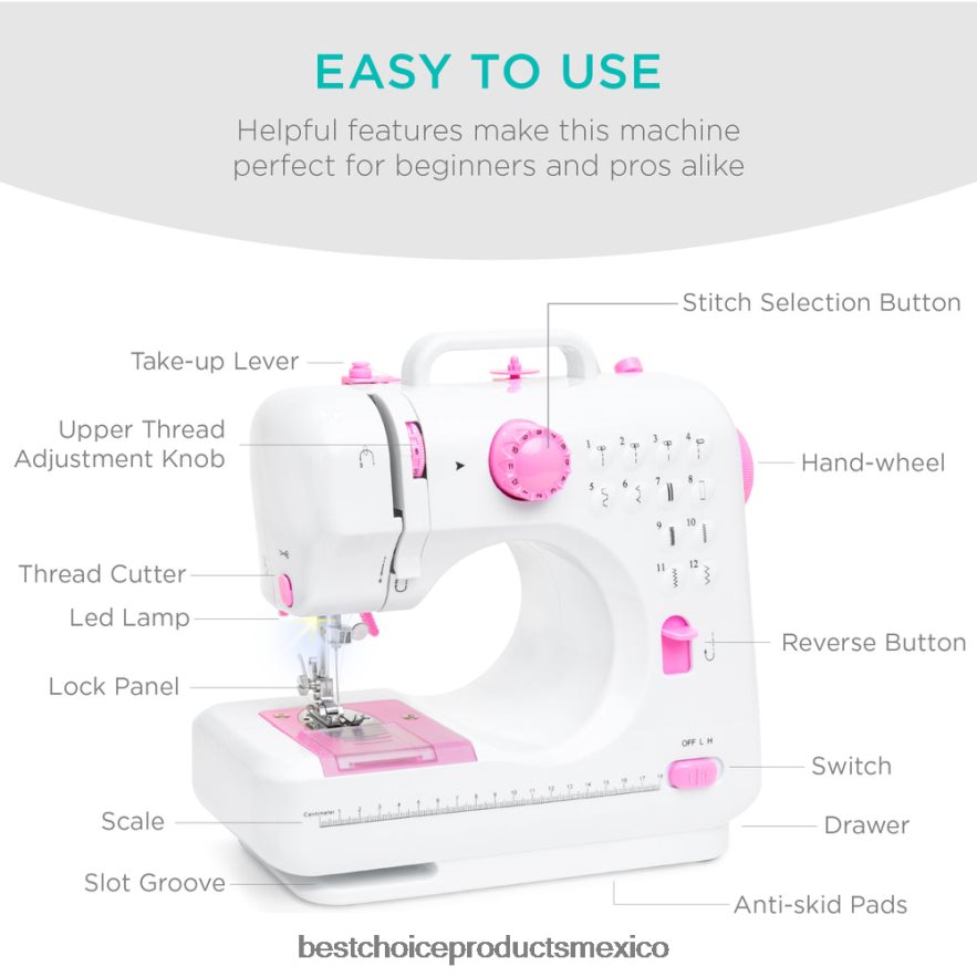 accesorio Máquina de coser portátil con pedal de 6v y 12 patrones de puntada. Best Choice Products rosa/blanco X080FZ1092