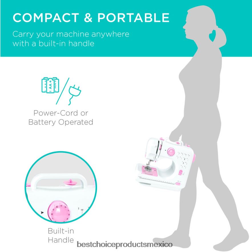 accesorio Máquina de coser portátil con pedal de 6v y 12 patrones de puntada. Best Choice Products rosa/blanco X080FZ1092