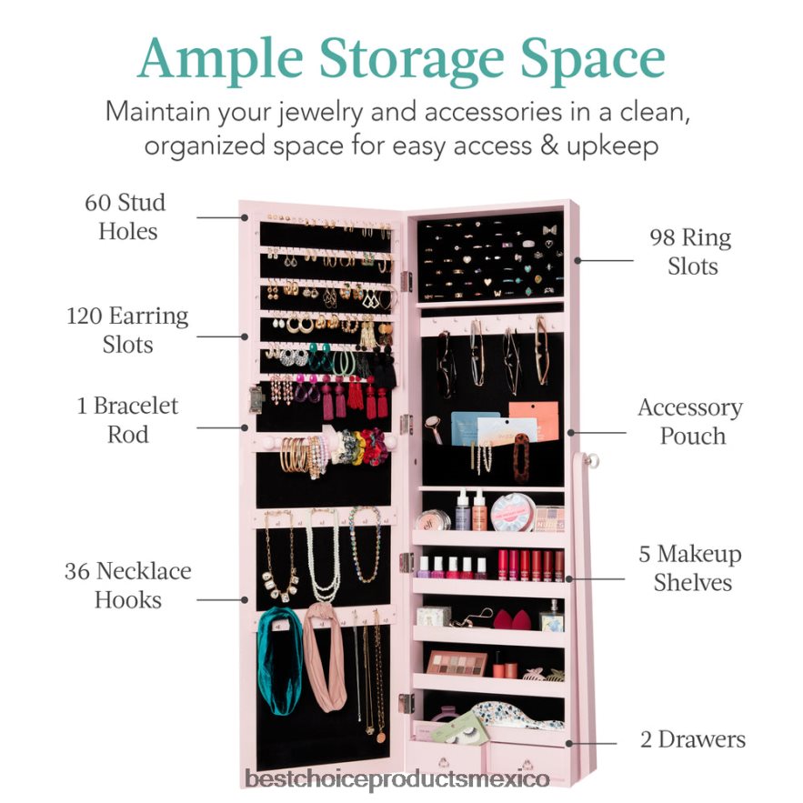 accesorio Armario con espejo para joyería independiente de cuerpo entero con interior de terciopelo Best Choice Products Rosa empolvado X080FZ1199