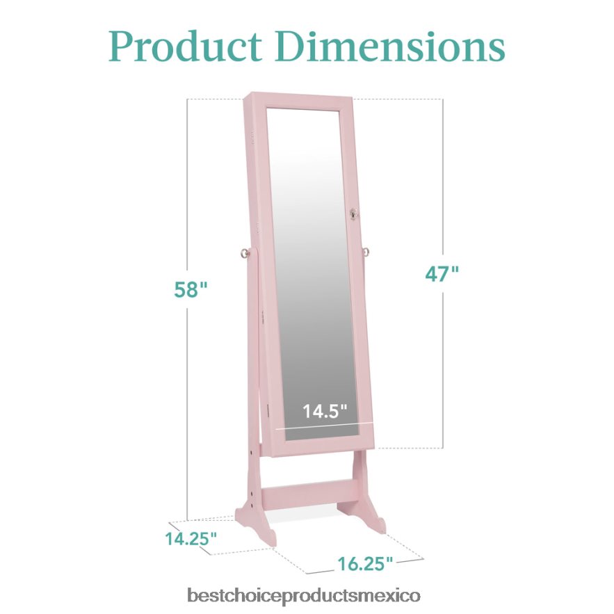 accesorio Armario con espejo para joyería independiente de cuerpo entero con interior de terciopelo Best Choice Products Rosa empolvado X080FZ1199