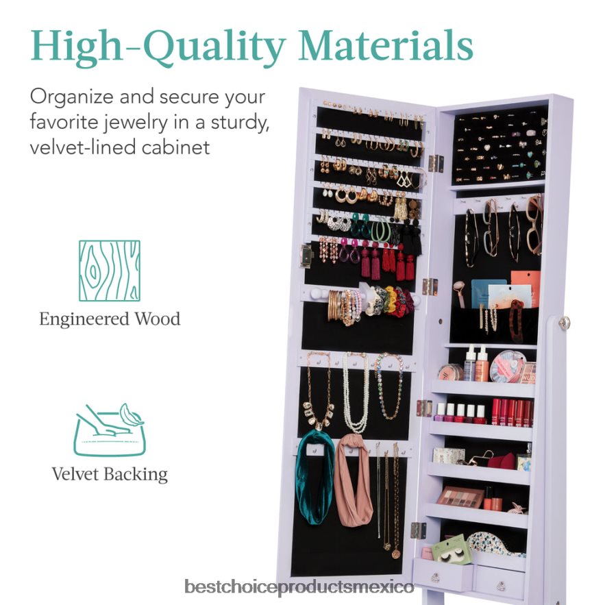 accesorio Armario con espejo para joyería independiente de cuerpo entero con interior de terciopelo Best Choice Products lavanda X080FZ1200