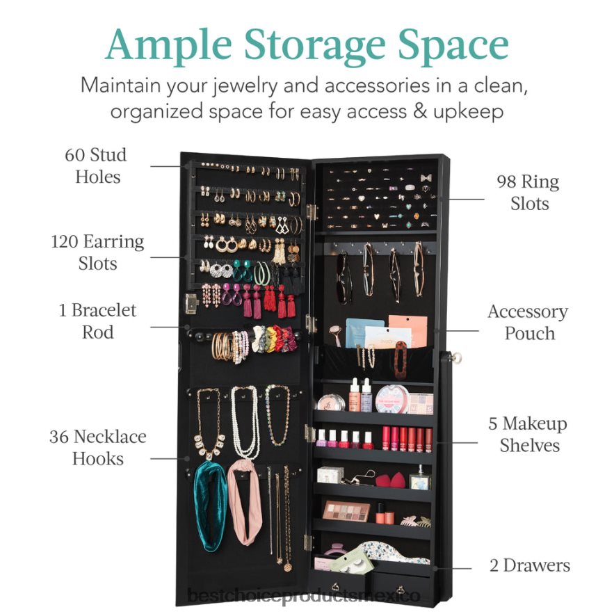 accesorio Armario con espejo para joyería independiente de cuerpo entero con interior de terciopelo Best Choice Products negro X080FZ1194