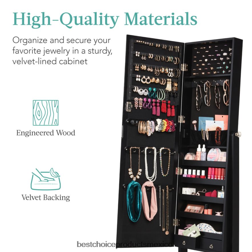 accesorio Armario con espejo para joyería independiente de cuerpo entero con interior de terciopelo Best Choice Products negro X080FZ1194