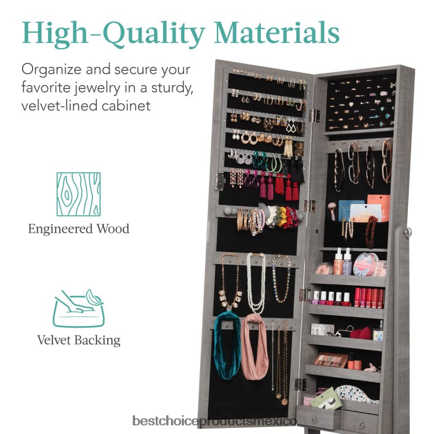 accesorio Armario con espejo para joyería independiente de cuerpo entero con interior de terciopelo Best Choice Products roble gris X080FZ1198