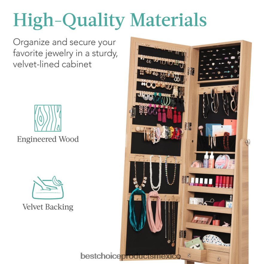 accesorio Armario con espejo para joyería independiente de cuerpo entero con interior de terciopelo Best Choice Products roble natural X080FZ1202