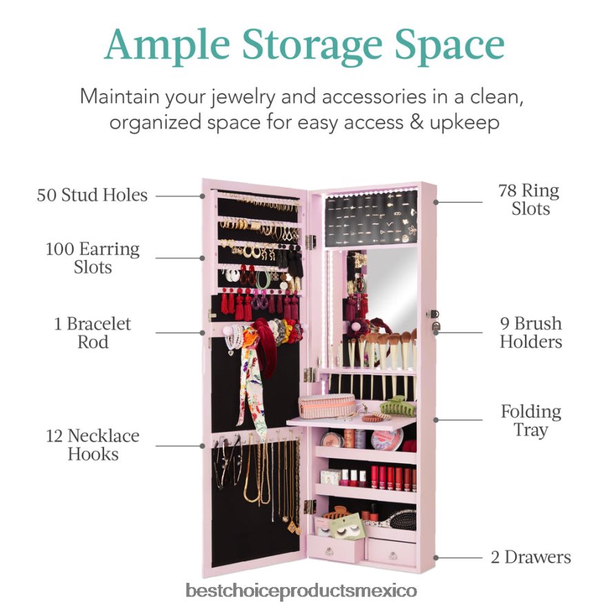 accesorio Armario para joyería con espejo de montaje en puerta/pared con espejo interior, luces LED Best Choice Products Rosa empolvado X080FZ604
