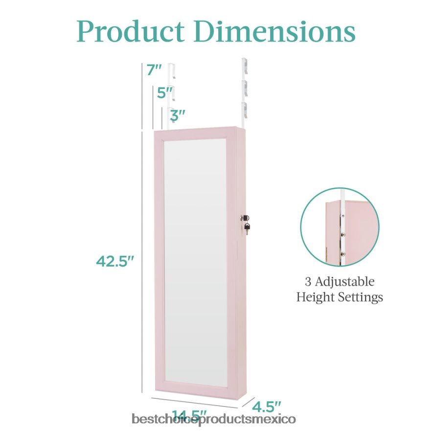 accesorio Armario para joyería con espejo de montaje en puerta/pared con espejo interior, luces LED Best Choice Products Rosa empolvado X080FZ604