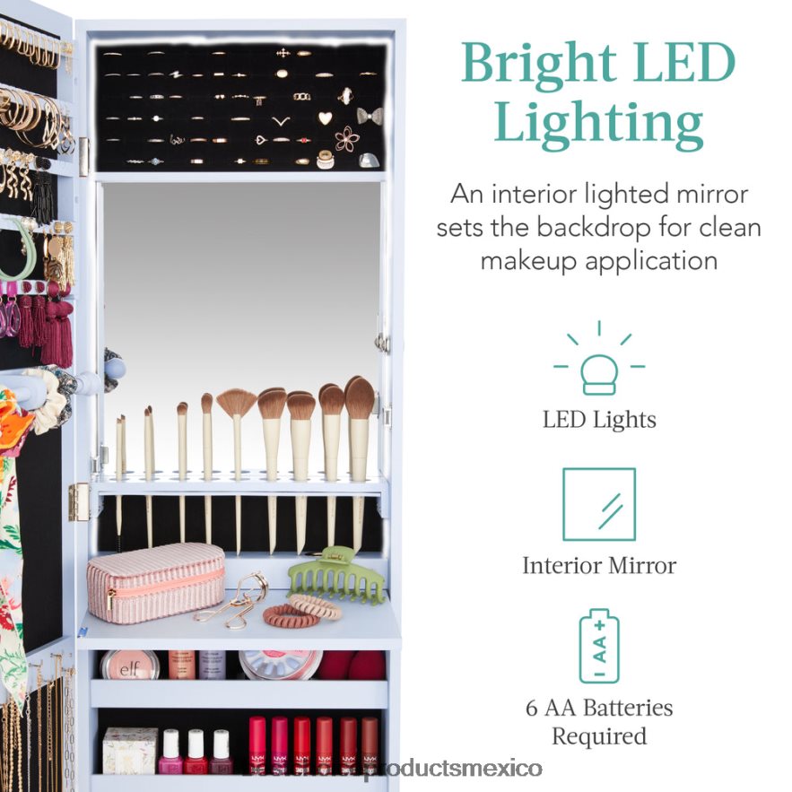 accesorio Armario para joyería con espejo de montaje en puerta/pared con espejo interior, luces LED Best Choice Products azul pálido X080FZ600
