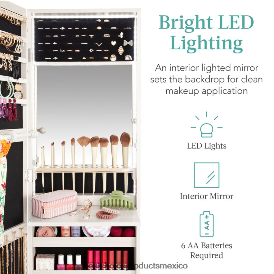 accesorio Armario para joyería con espejo de montaje en puerta/pared con espejo interior, luces LED Best Choice Products blanco costero X080FZ609