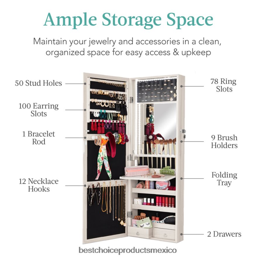 accesorio Armario para joyería con espejo de montaje en puerta/pared con espejo interior, luces LED Best Choice Products blanco costero X080FZ609