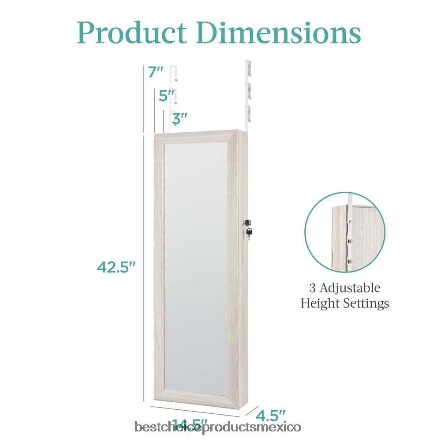accesorio Armario para joyería con espejo de montaje en puerta/pared con espejo interior, luces LED Best Choice Products blanco costero X080FZ609