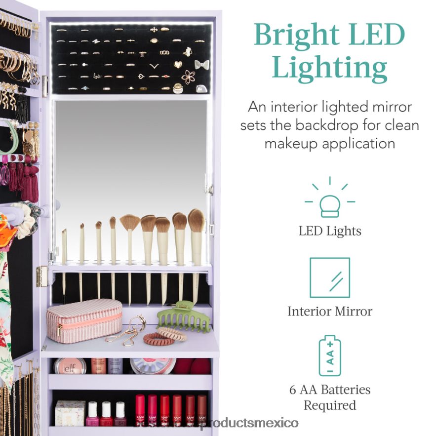 accesorio Armario para joyería con espejo de montaje en puerta/pared con espejo interior, luces LED Best Choice Products lavanda X080FZ599