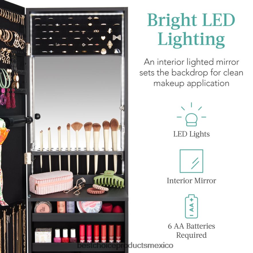 accesorio Armario para joyería con espejo de montaje en puerta/pared con espejo interior, luces LED Best Choice Products negro X080FZ602