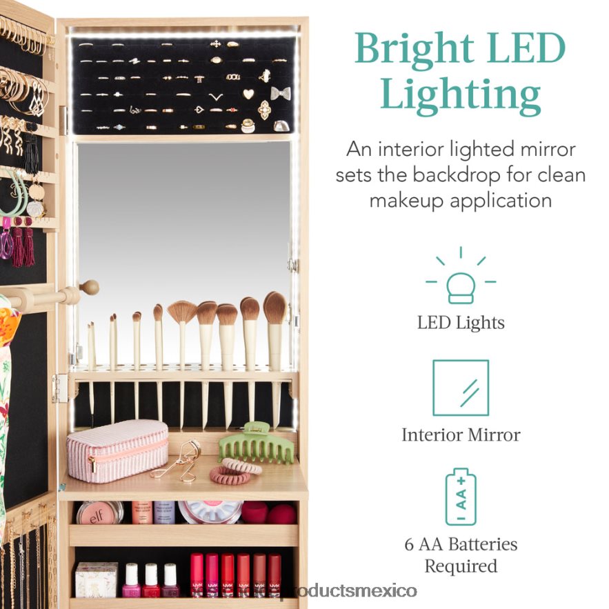 accesorio Armario para joyería con espejo de montaje en puerta/pared con espejo interior, luces LED Best Choice Products roble natural X080FZ607