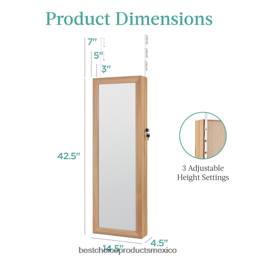 accesorio Armario para joyería con espejo de montaje en puerta/pared con espejo interior, luces LED Best Choice Products roble natural X080FZ607