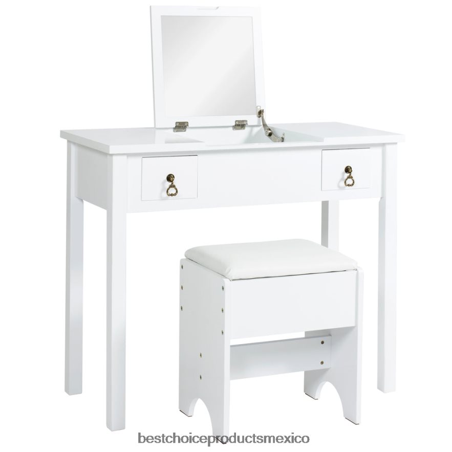 accesorio Juego de tocador de baño con espejo cuadrado y taburete. Best Choice Products blanco X080FZ1303