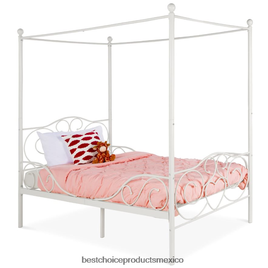 accesorio Marco de cama doble con dosel de metal clásico de 4 postes y diseño de volutas de corazón Best Choice Products blanco X080FZ361