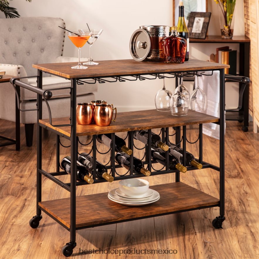 accesorio Barra de estantes de madera industrial de 45 pulgadas y carrito para vinos con estantes para botellas y vasos Best Choice Products marrón X080FZ1178