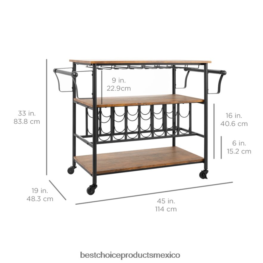 accesorio Barra de estantes de madera industrial de 45 pulgadas y carrito para vinos con estantes para botellas y vasos Best Choice Products marrón X080FZ1178