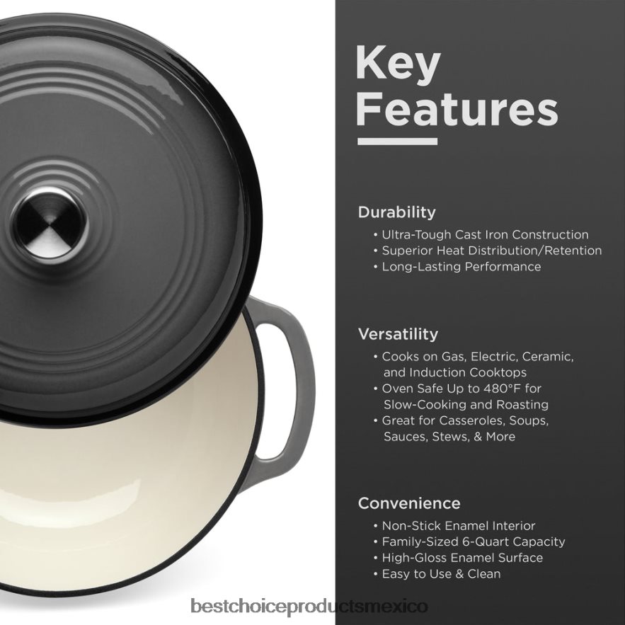 accesorio utensilios de cocina de horno holandés de hierro fundido con esmalte y mangos Best Choice Products gris X080FZ326