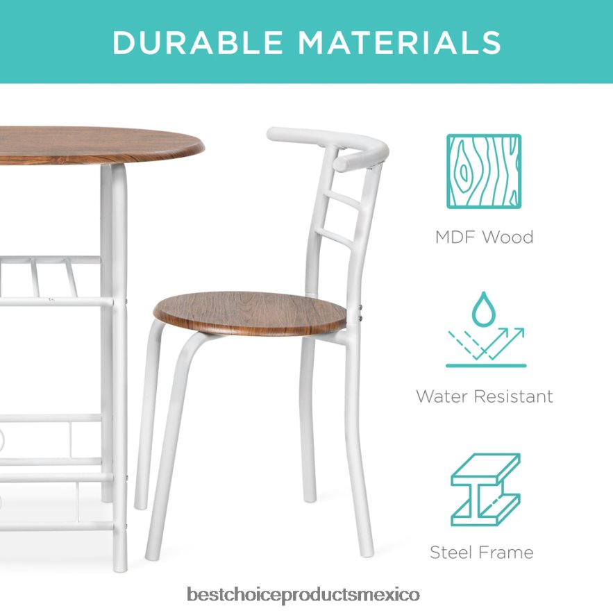 accesorio Juego de comedor de 3 piezas, mesa y sillas de madera con estante inferior de almacenamiento. Best Choice Products blanco/marrón X080FZ1259