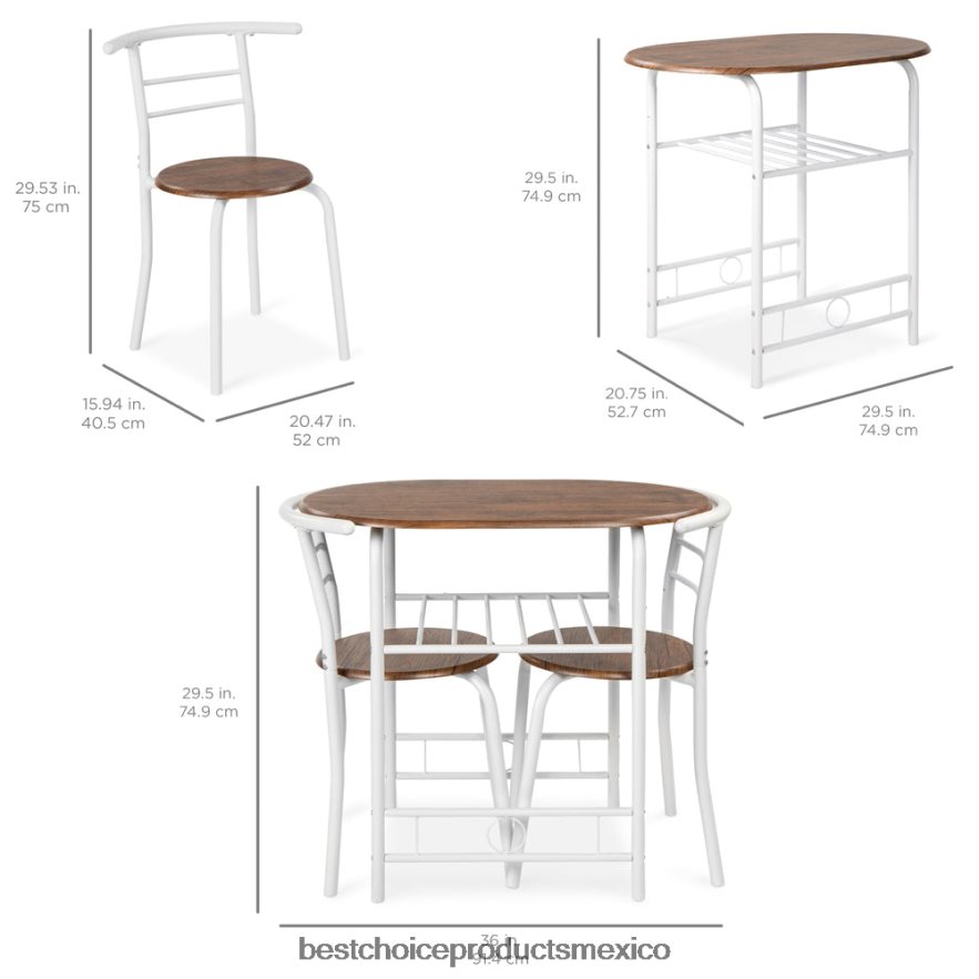 accesorio Juego de comedor de 3 piezas, mesa y sillas de madera con estante inferior de almacenamiento. Best Choice Products blanco/marrón X080FZ1259