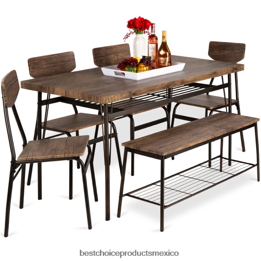 accesorio Juego de comedor moderno de 6 piezas con estantes de almacenamiento, mesa, banco y 4 sillas. Best Choice Products marrón X080FZ367