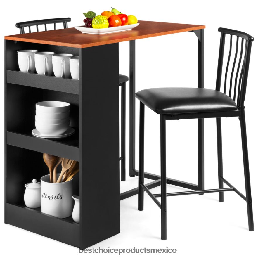 accesorio Juego de mesa de comedor de cocina de 3 piezas con altura de mostrador y estantes de almacenamiento Best Choice Products Café exprés X080FZ1222