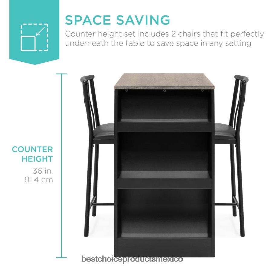 accesorio Juego de mesa de comedor de cocina de 3 piezas con altura de mostrador y estantes de almacenamiento Best Choice Products gris X080FZ1223