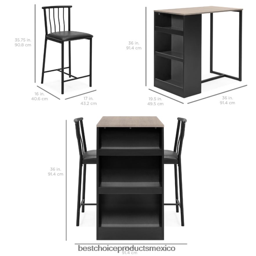 accesorio Juego de mesa de comedor de cocina de 3 piezas con altura de mostrador y estantes de almacenamiento Best Choice Products gris X080FZ1223