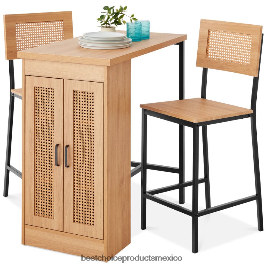 accesorio Juego de mesa de comedor de cocina de ratán con altura de mostrador de 3 piezas con estantes de almacenamiento Best Choice Products natural X080FZ391