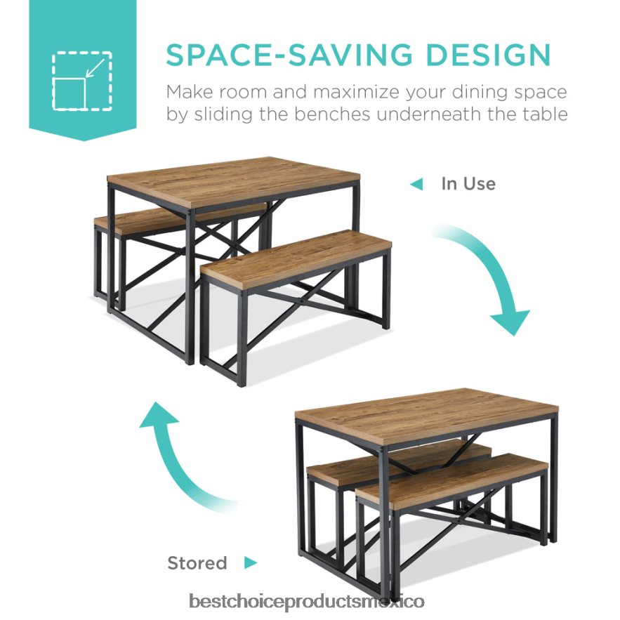 accesorio Juego de muebles de comedor estilo banco de 3 piezas con 2 bancos y mesa. Best Choice Products marrón claro/negro X080FZ718